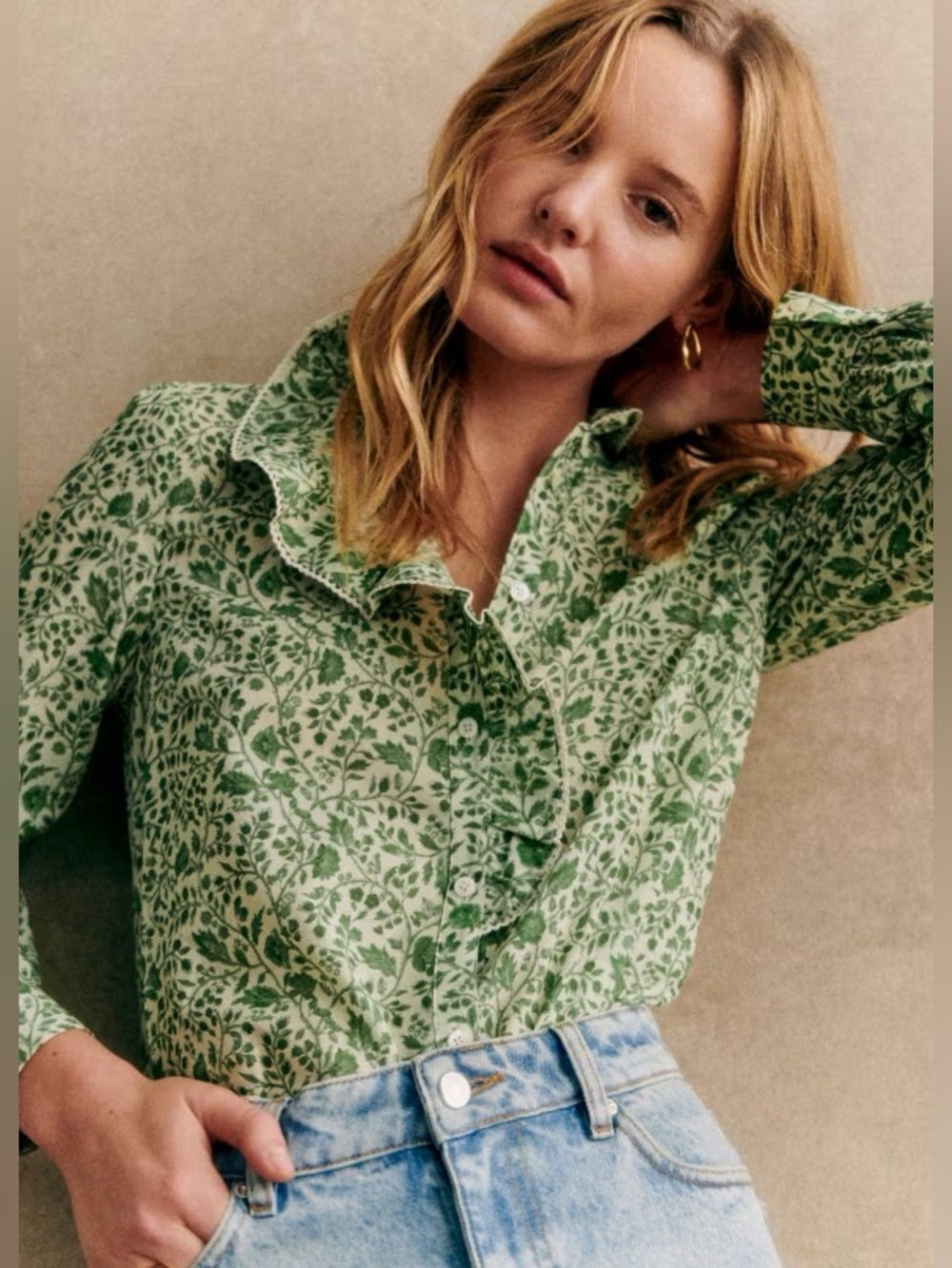 Sezane Chlo Floral Shirt Cotton Boho Green Blossom 36 S
